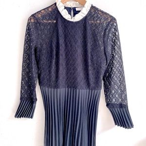 NWOT Sandro Battements Navy Lace Pleated Silk Ruffle White Collar Dress Preppy